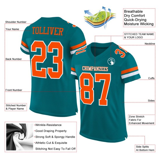 Custom Authentic Mesh Teal Orange-White Football Jersey Custom Authentic Mesh Teal Orange-White Football Jersey