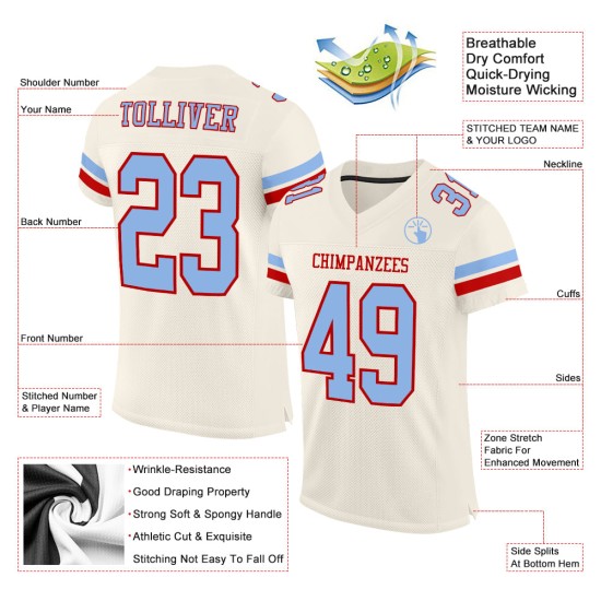 Jersey Authentic Mesh Light Custom Cream Football Blue-Red Jersey Authentic Mesh Light Custom Cream Football Blue-Red