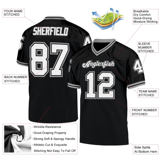 Throwback Black Authentic Custom White-Gray Mesh Football Jersey Throwback Black Authentic Custom White-Gray Mesh Football Jersey