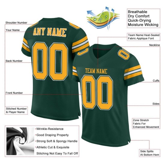 Jersey Mesh Authentic Custom Green Football Gold-White Jersey Mesh Authentic Custom Green Football Gold-White