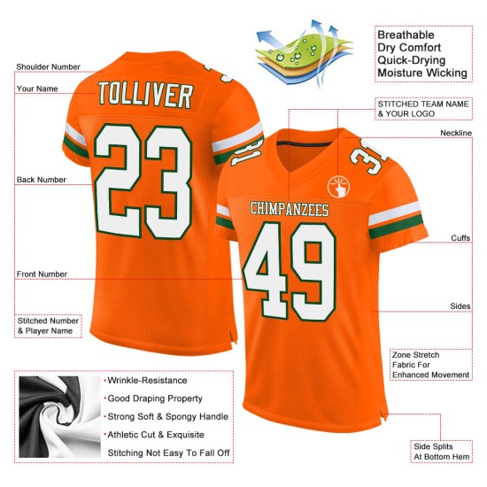 Authentic Mesh Football White-Green Custom Jersey Orange Authentic Mesh Football White-Green Custom Jersey Orange