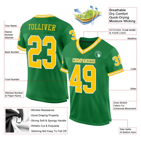 Custom Gold-White Mesh Grass Football Throwback Authentic Jersey Green Custom Gold-White Mesh Grass Football Throwback Authentic Jersey Green