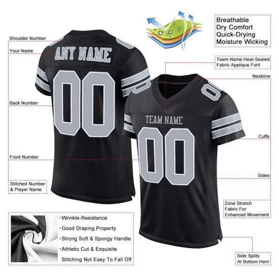 Jersey Black Authentic Football Mesh Silver-White Custom Jersey Black Authentic Football Mesh Silver-White Custom