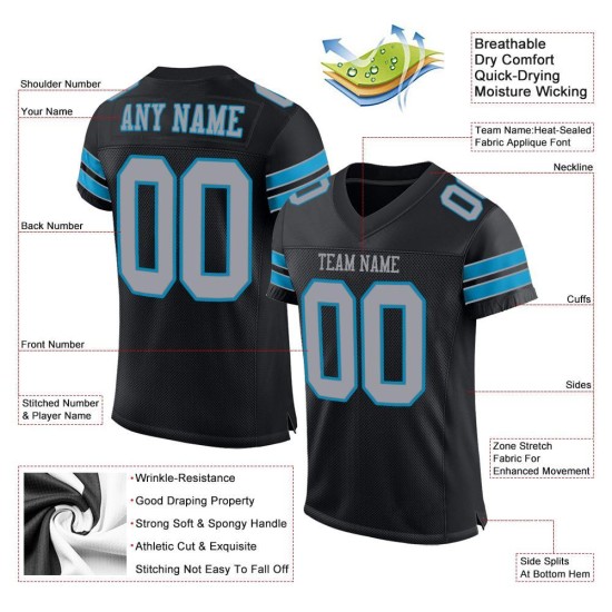 Gray-Panther Blue Mesh Jersey Custom Light Authentic Football Black Gray-Panther Blue Mesh Jersey Custom Light Authentic Football Black