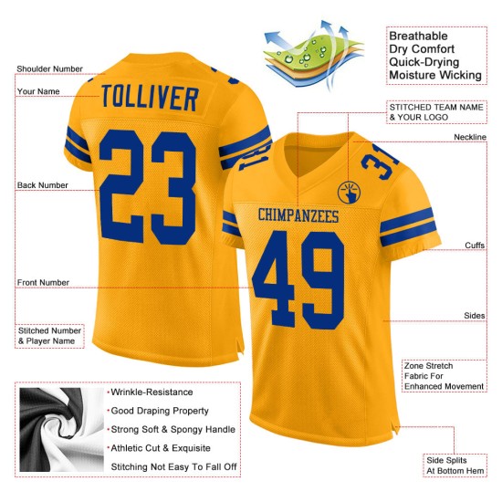 Mesh Royal Gold Football Custom Jersey Authentic Mesh Royal Gold Football Custom Jersey Authentic