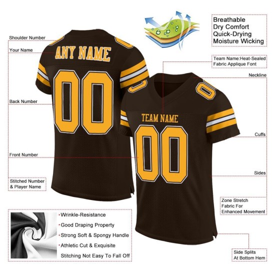 Brown Authentic Mesh Football Custom Jersey Gold-White Brown Authentic Mesh Football Custom Jersey Gold-White