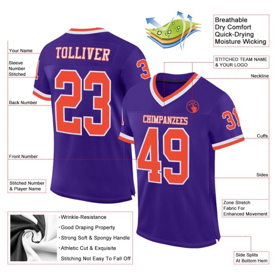 Football Authentic Mesh Purple Jersey Throwback Custom Orange-White Football Authentic Mesh Purple Jersey Throwback Custom Orange-White