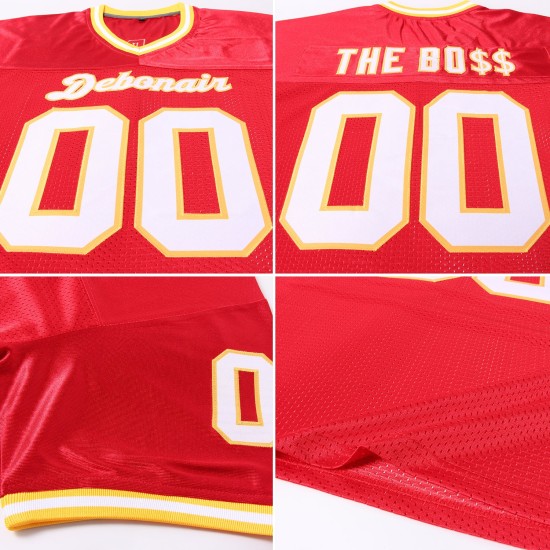 Custom Mesh White-Gold Red Authentic Jersey Throwback Football Custom Mesh White-Gold Red Authentic Jersey Throwback Football